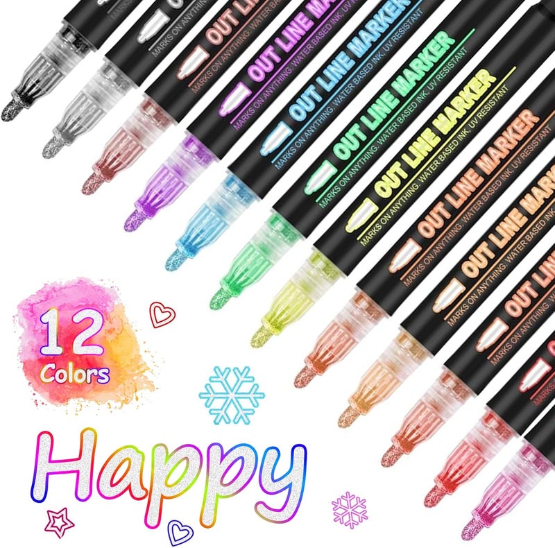 OUNIY Outline Marker Self-outline Metallic Markers, 12 Colors Squiggles Shimmer Outline Markers Pen Set for Drawing Art School Supplies, Glitter Pen Set for Cards Lettering, Gift for 4-12 Year Old Girl - Image 1